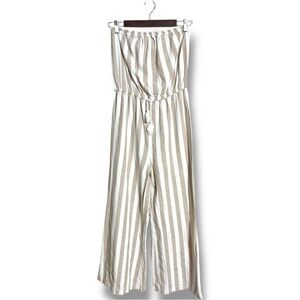 Paradise USA Linen Tan and White Striped Strapless Wide Leg Drawstring Jumpsuit